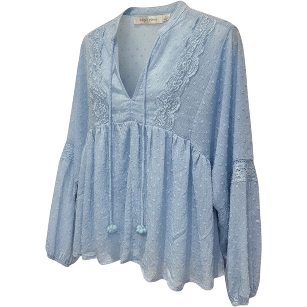Bishop + Young Blue Swiss Dot Blouse Top Long Sleeve Lace Detail Small
